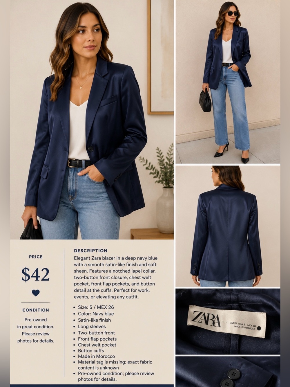 Zara Women Satin-Look Navy Blue Blazer Size S MEX 26